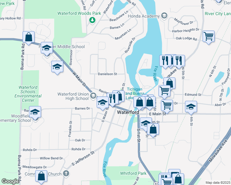 map of restaurants, bars, coffee shops, grocery stores, and more near 411 Racine Street in Waterford