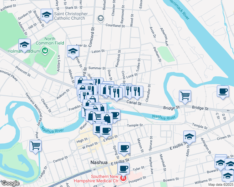 map of restaurants, bars, coffee shops, grocery stores, and more near 2 Holman Street in Nashua