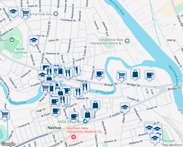map of restaurants, bars, coffee shops, grocery stores, and more near 79 Whitney Street in Nashua