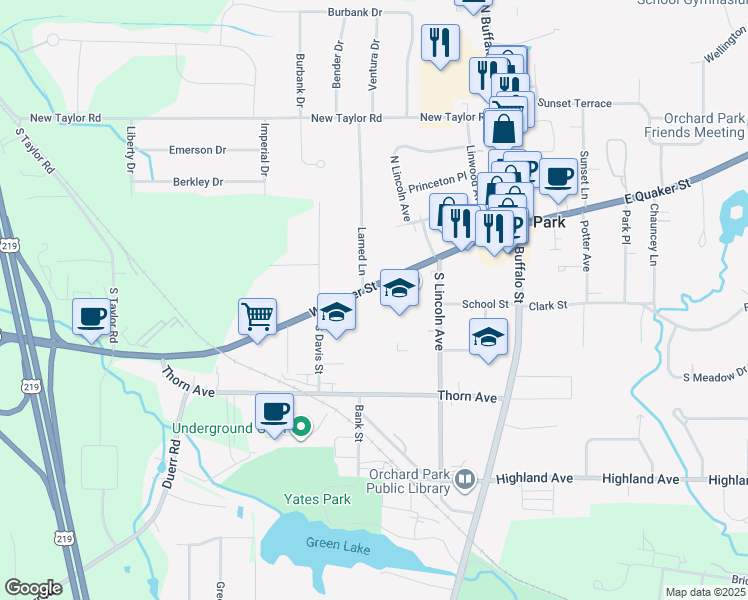 map of restaurants, bars, coffee shops, grocery stores, and more near 6305 West Quaker Street in Orchard Park