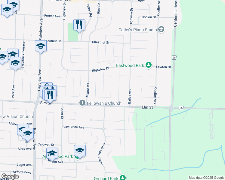 map of restaurants, bars, coffee shops, grocery stores, and more near 42 Oldewood Crescent in St. Thomas