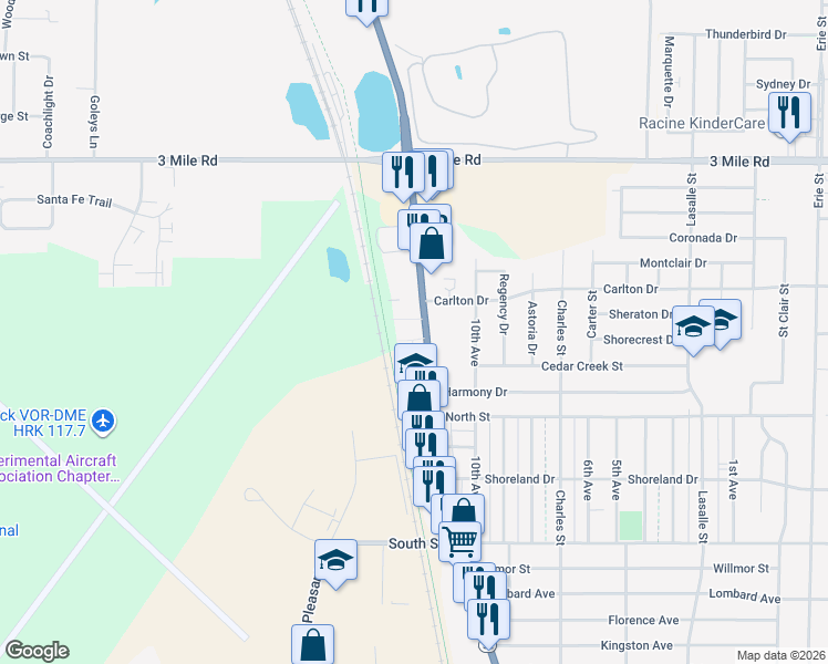 map of restaurants, bars, coffee shops, grocery stores, and more near 3542 Douglas Avenue in Racine