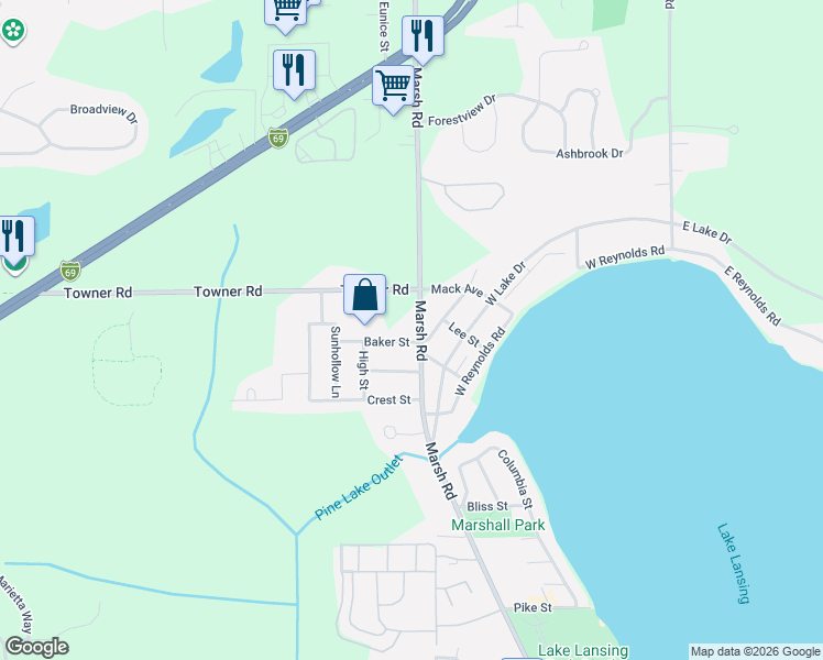 map of restaurants, bars, coffee shops, grocery stores, and more near 1780 Baker Street in Meridian charter Township