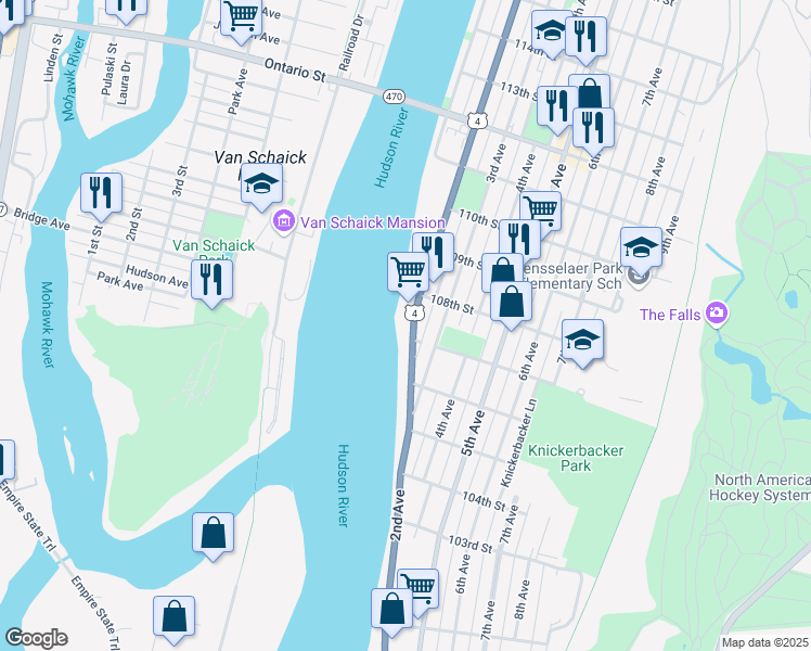 map of restaurants, bars, coffee shops, grocery stores, and more near 325 2nd Avenue in Troy