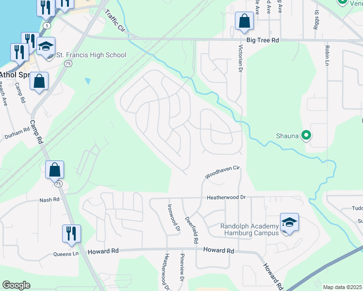 map of restaurants, bars, coffee shops, grocery stores, and more near 70 South Whispering Lane in Hamburg