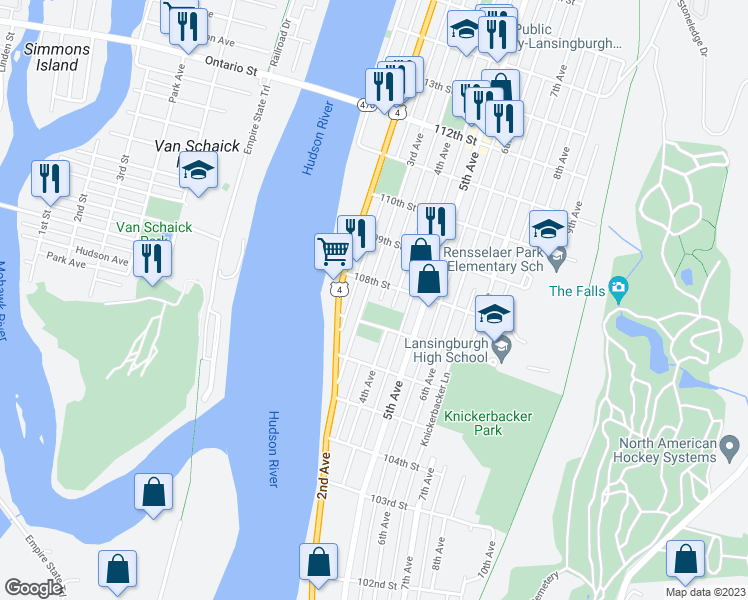 map of restaurants, bars, coffee shops, grocery stores, and more near 330 3rd Ave in Troy
