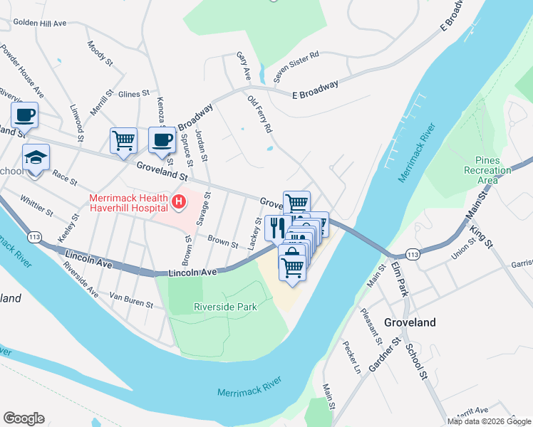 map of restaurants, bars, coffee shops, grocery stores, and more near 45 Lackey Street in Haverhill