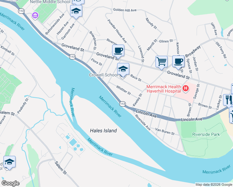 map of restaurants, bars, coffee shops, grocery stores, and more near 518 Water Street in Haverhill