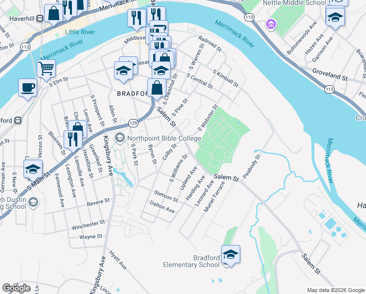 map of restaurants, bars, coffee shops, grocery stores, and more near 14 Colby Street in Haverhill