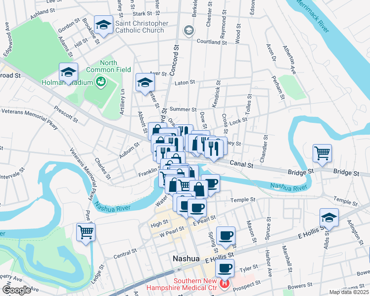 map of restaurants, bars, coffee shops, grocery stores, and more near 24 Railroad Square in Nashua