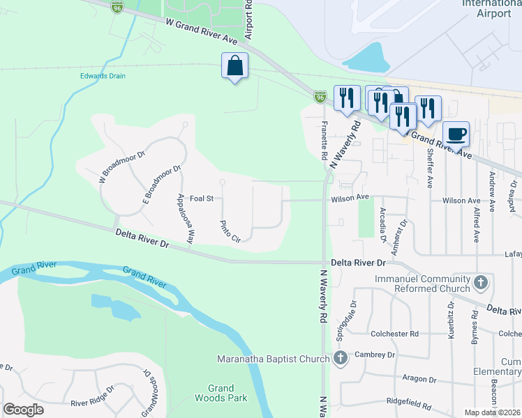 map of restaurants, bars, coffee shops, grocery stores, and more near 3111 Belgian Drive in Lansing