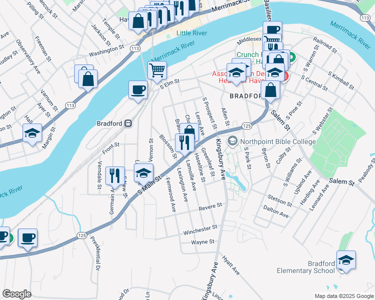map of restaurants, bars, coffee shops, grocery stores, and more near 399 South Main Street in Haverhill