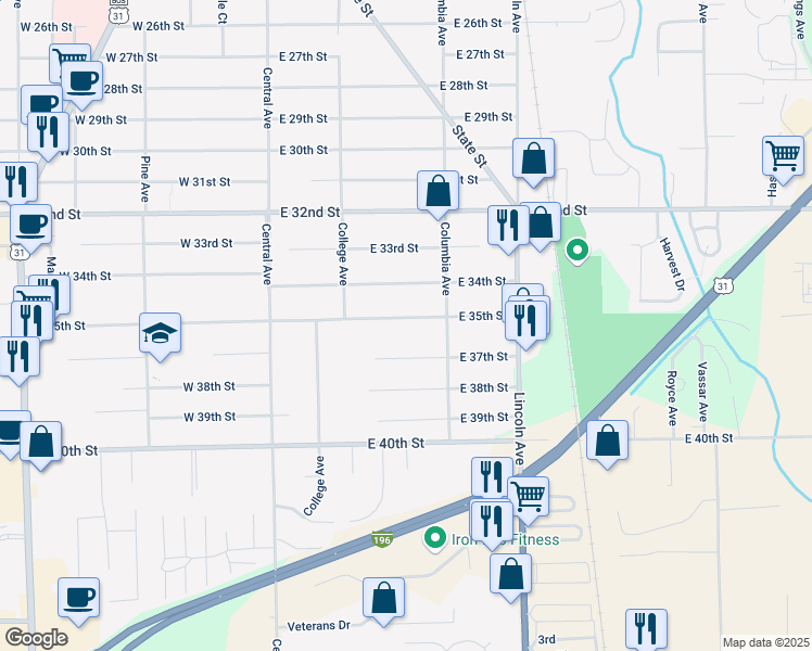map of restaurants, bars, coffee shops, grocery stores, and more near 118 East 35th Street in Holland