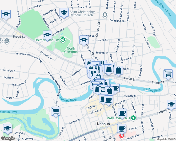 map of restaurants, bars, coffee shops, grocery stores, and more near in Nashua