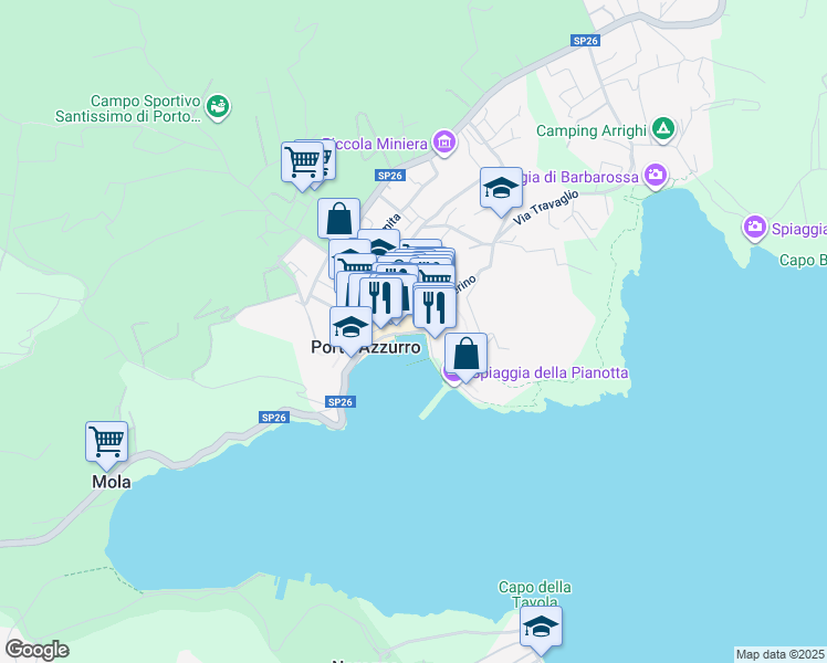 map of restaurants, bars, coffee shops, grocery stores, and more near 21 Piazza Giacomo Matteotti in Porto Azzurro