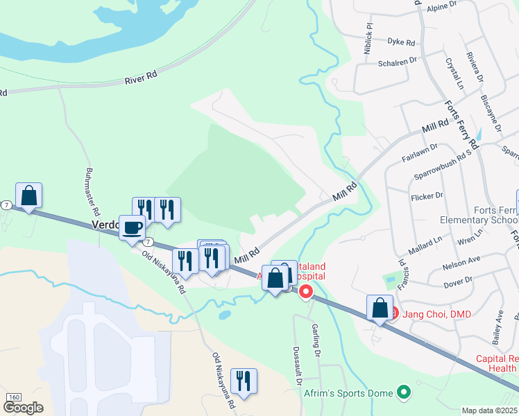 map of restaurants, bars, coffee shops, grocery stores, and more near 30 Mill Road in Latham