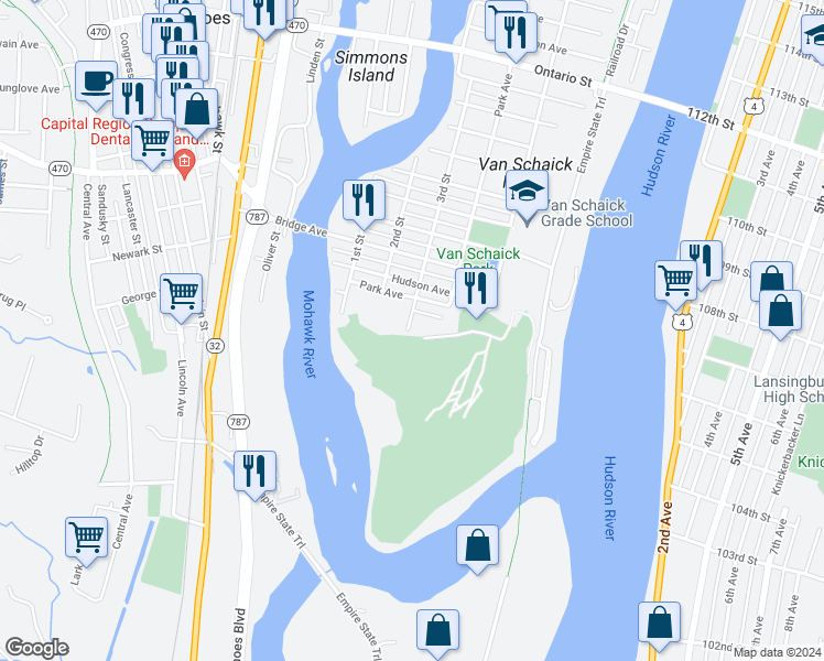 map of restaurants, bars, coffee shops, grocery stores, and more near 161 3rd Street in Cohoes