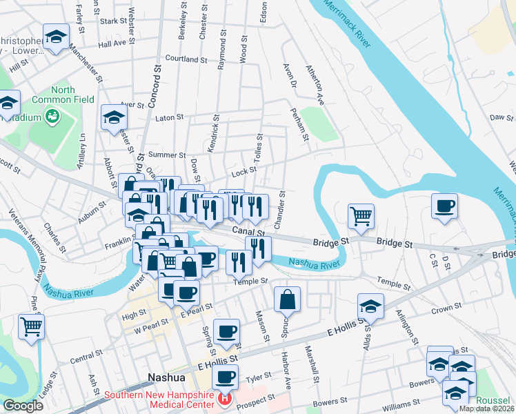 map of restaurants, bars, coffee shops, grocery stores, and more near 23 Tolles Street in Nashua