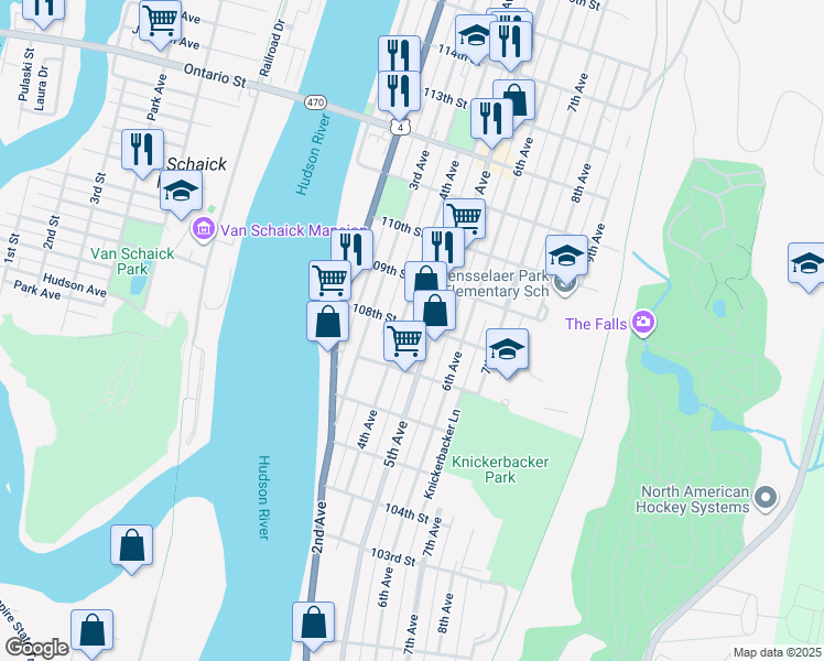 map of restaurants, bars, coffee shops, grocery stores, and more near 330 4th Street in Troy