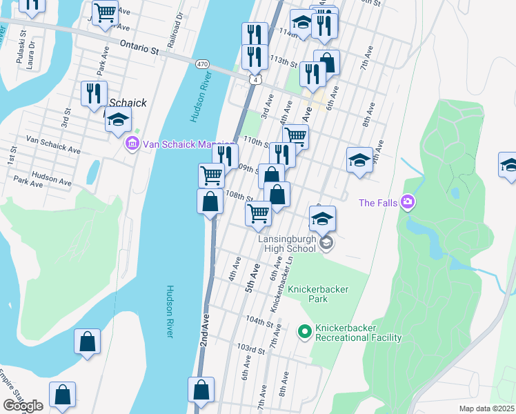 map of restaurants, bars, coffee shops, grocery stores, and more near 330 4th Street in Troy