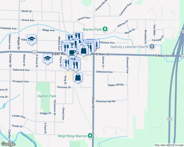 map of restaurants, bars, coffee shops, grocery stores, and more near 112 Olean Street in East Aurora