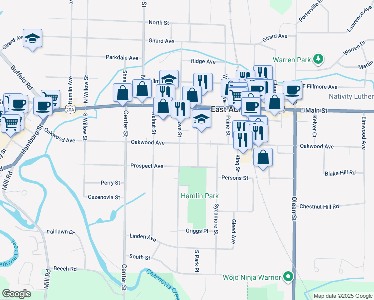 map of restaurants, bars, coffee shops, grocery stores, and more near 109 Park Place in East Aurora