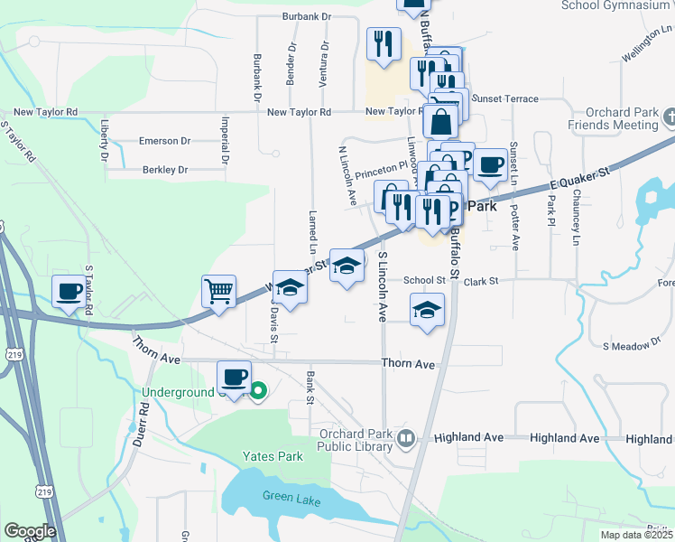 map of restaurants, bars, coffee shops, grocery stores, and more near 6305 West Quaker Street in Orchard Park