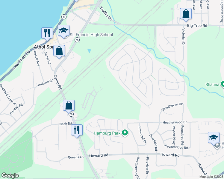 map of restaurants, bars, coffee shops, grocery stores, and more near 4543B Camp Road in Hamburg