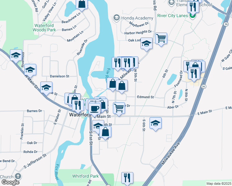 map of restaurants, bars, coffee shops, grocery stores, and more near 202 North Milwaukee Street in Waterford