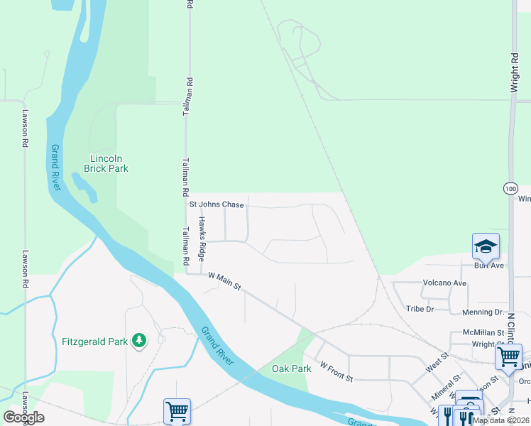 map of restaurants, bars, coffee shops, grocery stores, and more near 985 Saint Johns Chase in Grand Ledge