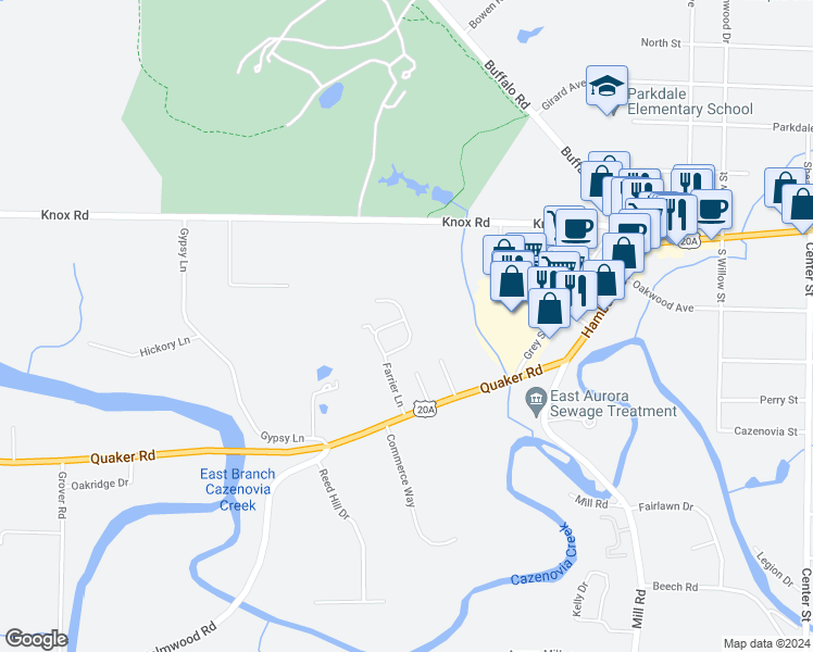 map of restaurants, bars, coffee shops, grocery stores, and more near Martingale Court in East Aurora