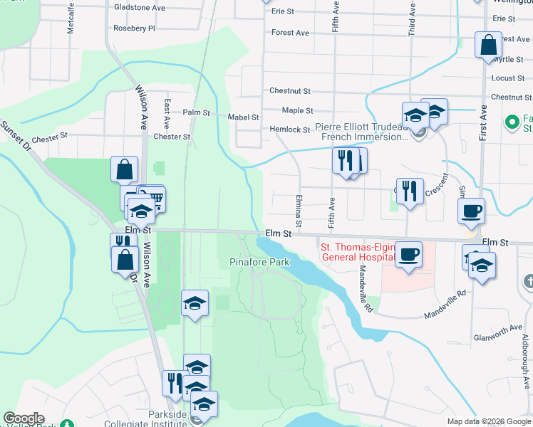 map of restaurants, bars, coffee shops, grocery stores, and more near Cedar Street in Saint Thomas