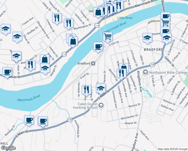 map of restaurants, bars, coffee shops, grocery stores, and more near 54 Laurel Avenue in Haverhill