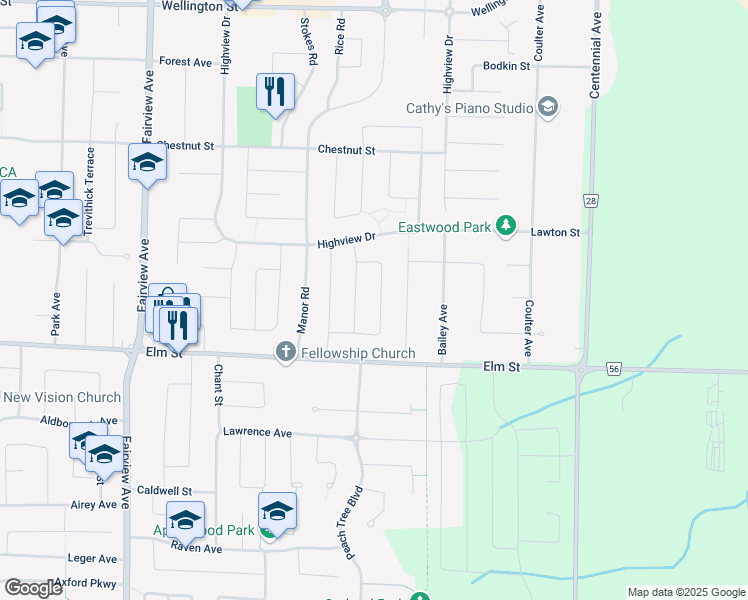map of restaurants, bars, coffee shops, grocery stores, and more near 42 Oldewood Crescent in St. Thomas