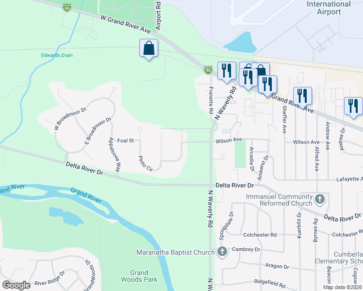 map of restaurants, bars, coffee shops, grocery stores, and more near 3111 Belgian Drive in Lansing
