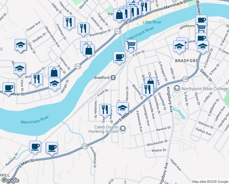 map of restaurants, bars, coffee shops, grocery stores, and more near 54 Laurel Avenue in Haverhill