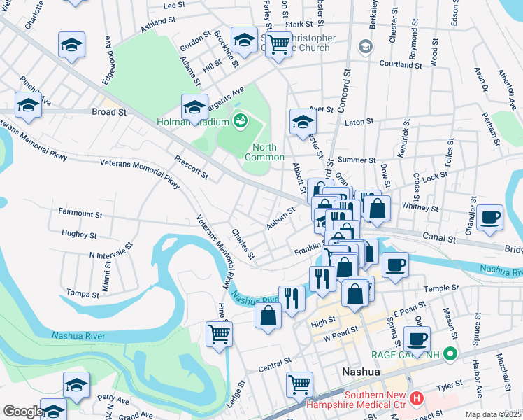 map of restaurants, bars, coffee shops, grocery stores, and more near 4 Highland Street in Nashua