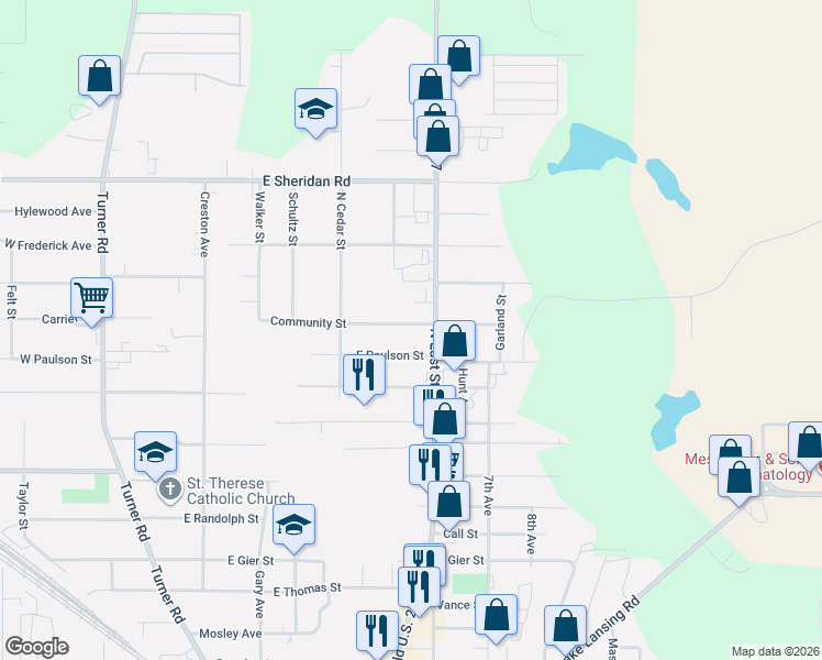 map of restaurants, bars, coffee shops, grocery stores, and more near 3113 North East Street in Lansing