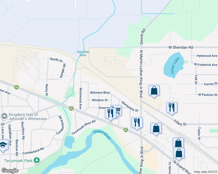 map of restaurants, bars, coffee shops, grocery stores, and more near 1436 Marquette Street in Lansing