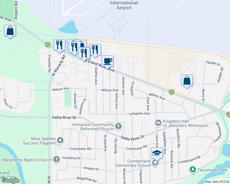map of restaurants, bars, coffee shops, grocery stores, and more near 3100 Young Avenue in Lansing