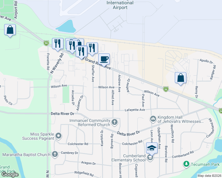 map of restaurants, bars, coffee shops, grocery stores, and more near 3100 Young Avenue in Lansing