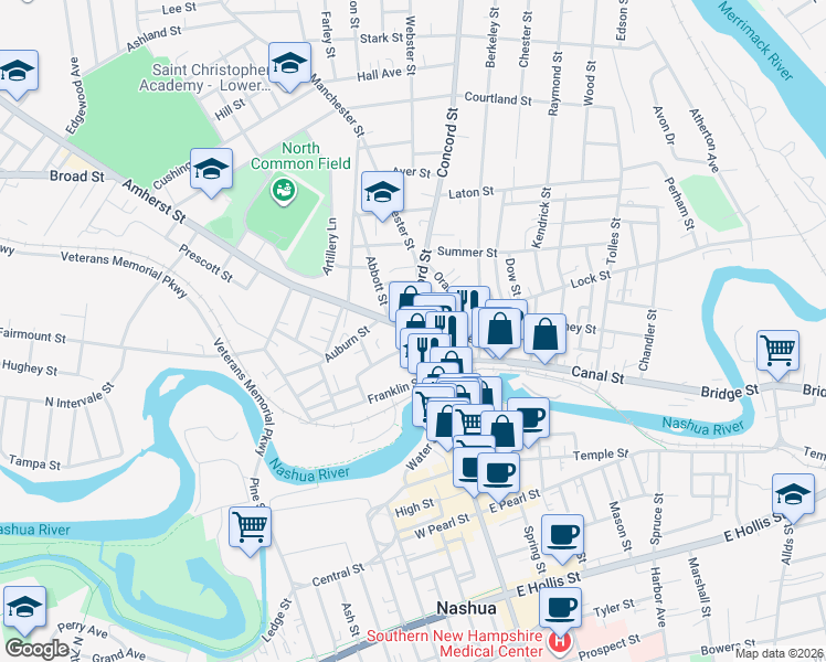 map of restaurants, bars, coffee shops, grocery stores, and more near 2 Amherst Street in Nashua
