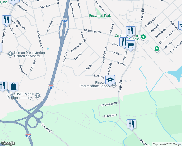 map of restaurants, bars, coffee shops, grocery stores, and more near 1023 Louis Road in Schenectady
