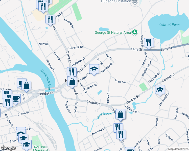 map of restaurants, bars, coffee shops, grocery stores, and more near 33 School Street in Hudson