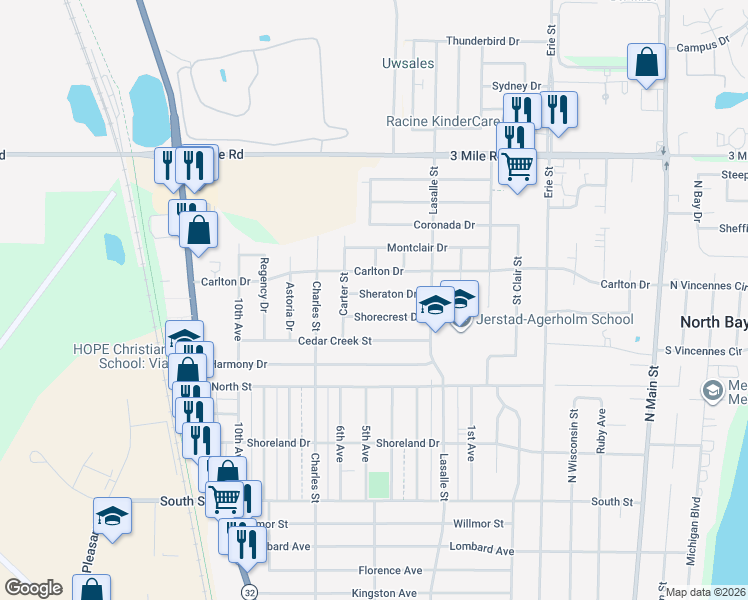 map of restaurants, bars, coffee shops, grocery stores, and more near 1201 Sheraton Drive in Racine