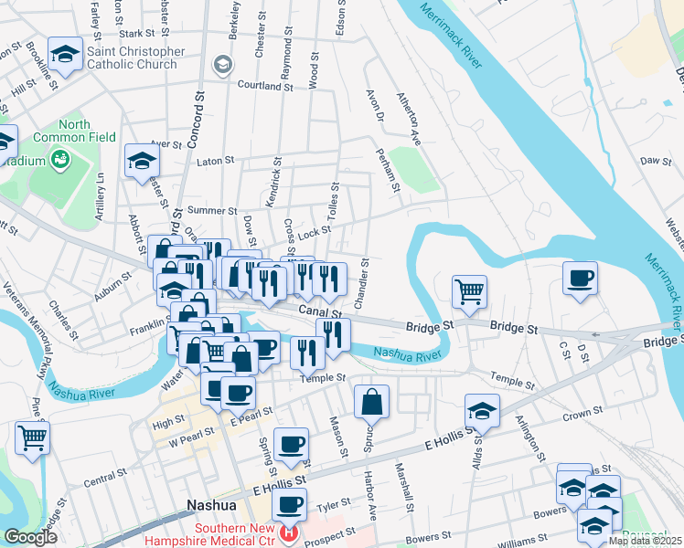 map of restaurants, bars, coffee shops, grocery stores, and more near 23 Tolles Street in Nashua