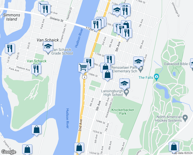 map of restaurants, bars, coffee shops, grocery stores, and more near 14 108th Street in Troy