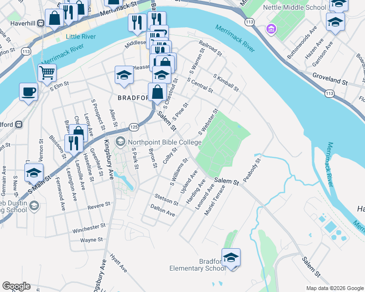 map of restaurants, bars, coffee shops, grocery stores, and more near 14 Colby Street in Haverhill