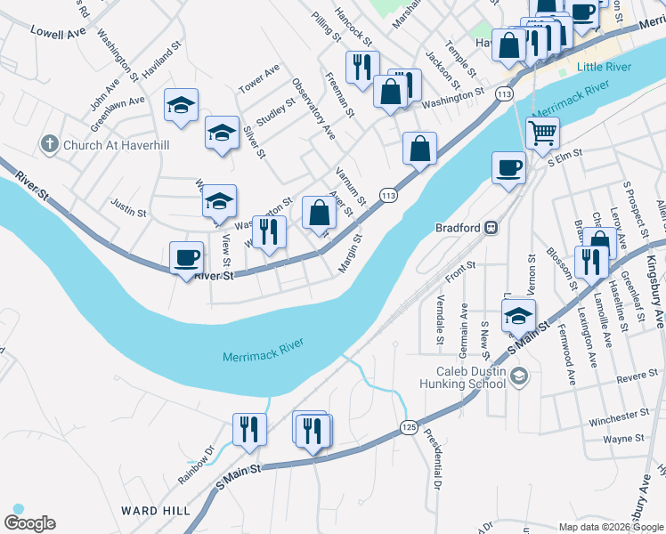 map of restaurants, bars, coffee shops, grocery stores, and more near 38 Margin Street in Haverhill