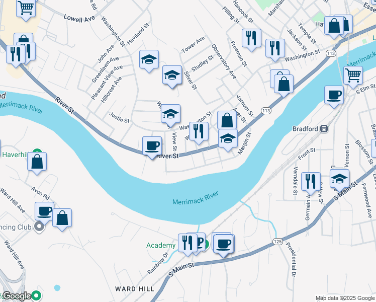 map of restaurants, bars, coffee shops, grocery stores, and more near 472 River Street in Haverhill